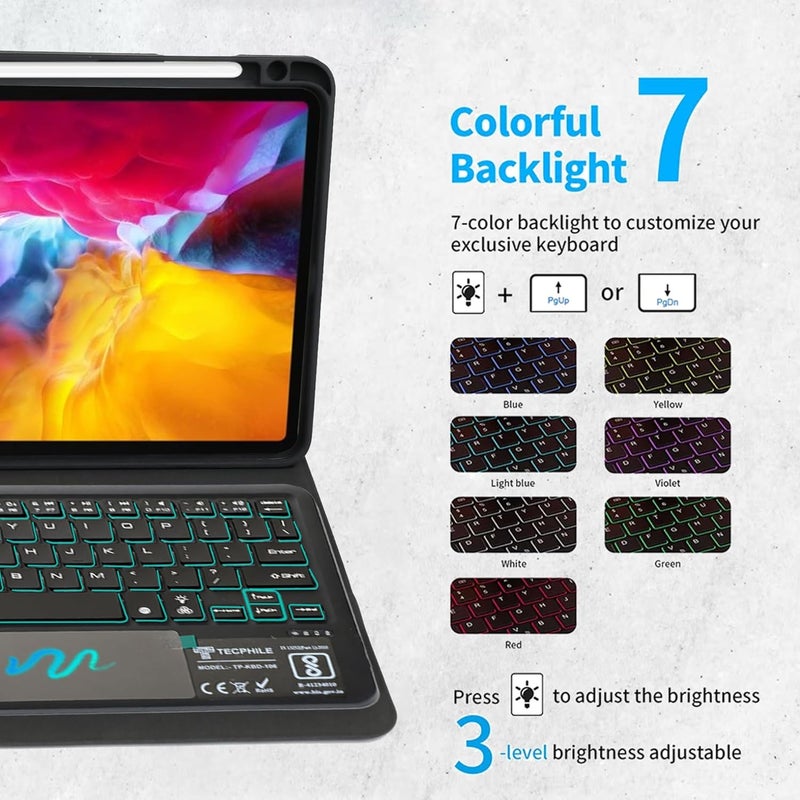 TECPHILE iPad Keyboard Case for iPad Air 11 M3 2025/ M2 2024/ 5th/4th Gen & iPad Pro 11 inch with 7-Colors Backlit, Large Touchpad, 360° Rotating Folio & Adjustable Angle, Transparent Cover, Pencil Holder - Image 3
