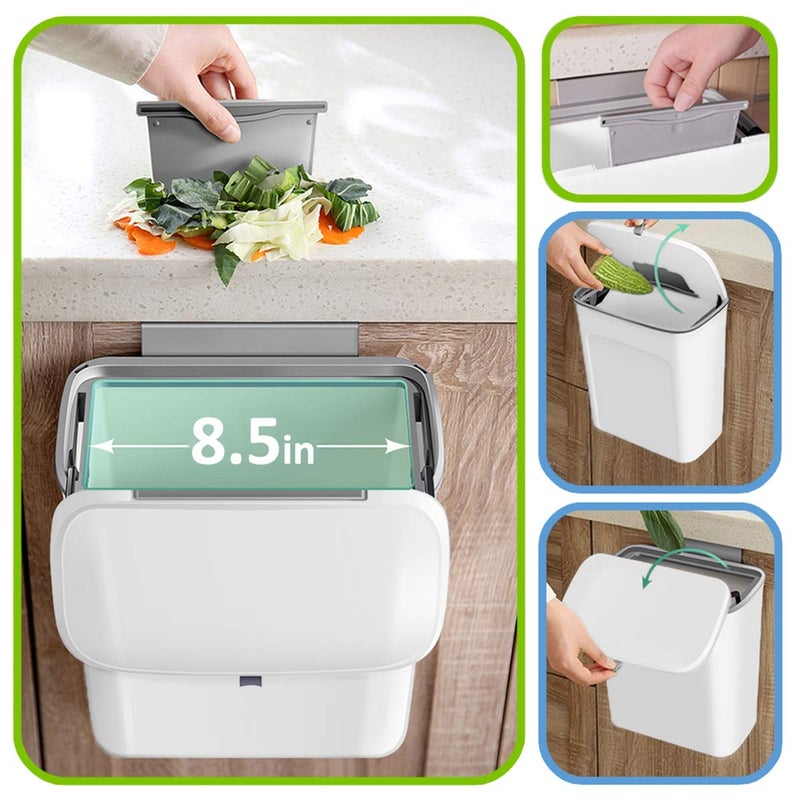 AYADA Hanging Trash Can with Lid, 2.37 Gallon Capacity, White, Polypropylene Material, Ideal for Kitchen Cabinet Doors - Image 2