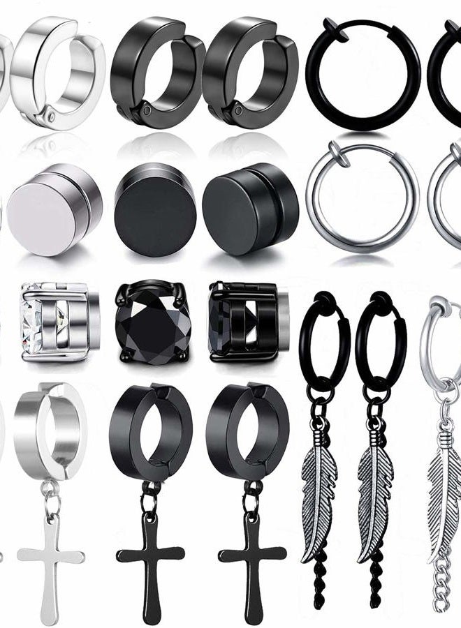 WAINIS 12 Pairs Stainless Steel Non Pierced Magnetic Earrings for Men Women CZ Clip on Feather Dangle Earrings Set 8mm - Image 1