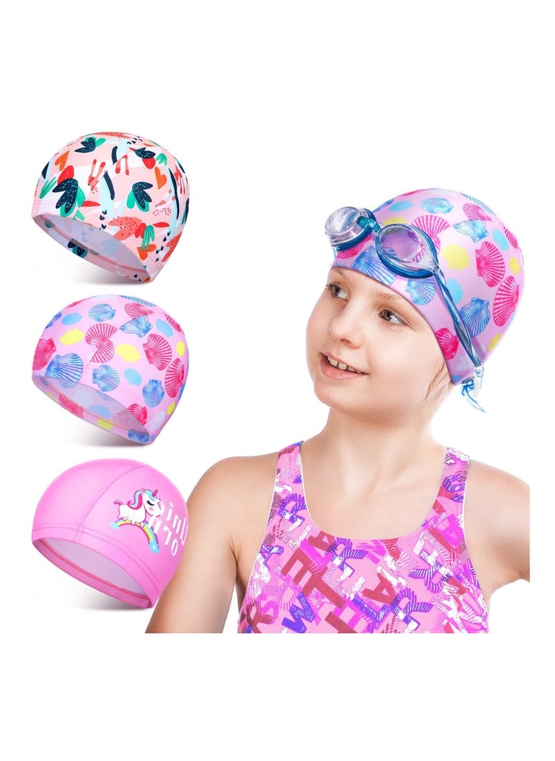 KASTWAVE 3 Pcs Kids Polyester Swim Caps, Fabric Swimming Hat Kids Long Hair Swimming Cap Flexible Nylon Swimming Hat Unisex Bathing Cap for Kids  - Image 1