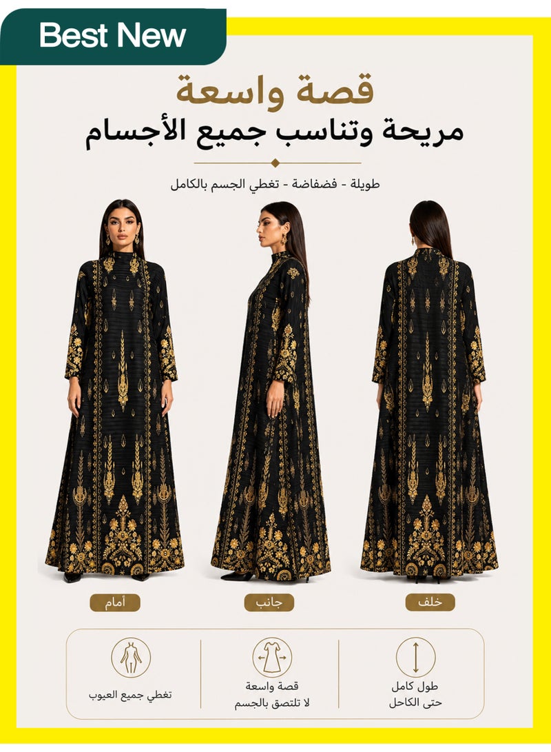 موقف حياة السيدة جلابية عباية مضلعة بالأسود والذهبي، فستان كافتان بتصميم دبي، روب طويل أنيق مقاوم للتجعد للنساء - Image 3