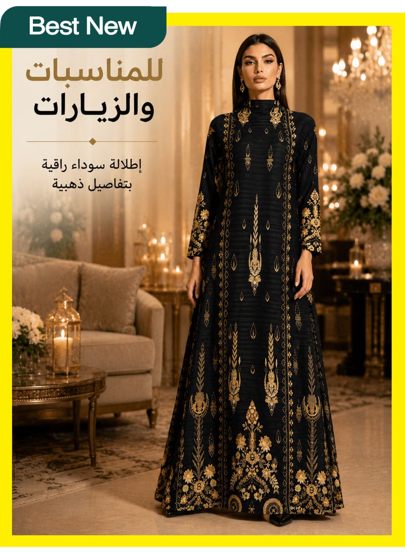 موقف حياة السيدة جلابية عباية مضلعة بالأسود والذهبي، فستان كافتان بتصميم دبي، روب طويل أنيق مقاوم للتجعد للنساء - Image 2