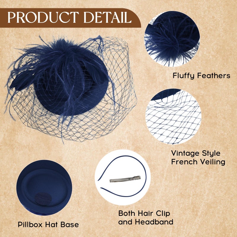 Revkokmx Fascinator Hat Veil Feather Fascinator Tea Party Bridal Wedding Veil Retro Hat Pillbox Derby Hats for Women Navy Blue - Image 3