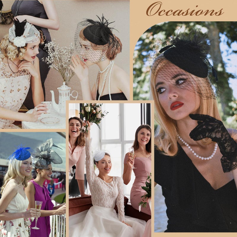 Revkokmx Fascinator Hat Veil Feather Fascinator Tea Party Bridal Wedding Veil Retro Hat Pillbox Derby Hats for Women Navy Blue - Image 5