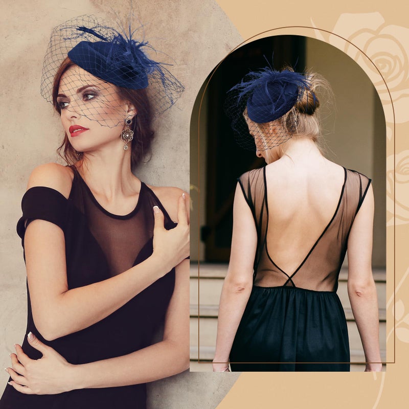 Revkokmx Fascinator Hat Veil Feather Fascinator Tea Party Bridal Wedding Veil Retro Hat Pillbox Derby Hats for Women Navy Blue - Image 4