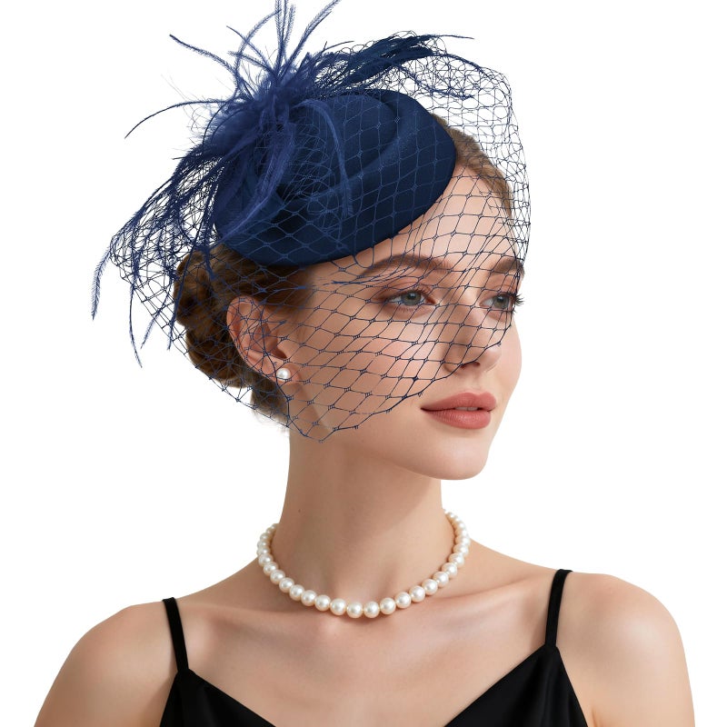 Revkokmx Fascinator Hat Veil Feather Fascinator Tea Party Bridal Wedding Veil Retro Hat Pillbox Derby Hats for Women Navy Blue - Image 1
