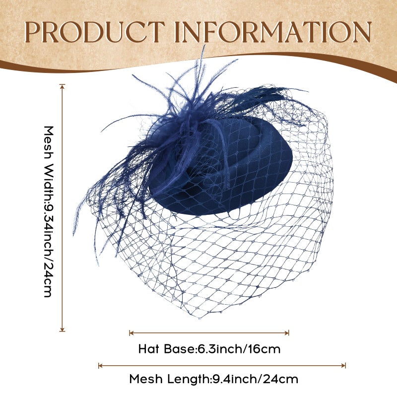 Revkokmx Fascinator Hat Veil Feather Fascinator Tea Party Bridal Wedding Veil Retro Hat Pillbox Derby Hats for Women Navy Blue - Image 2