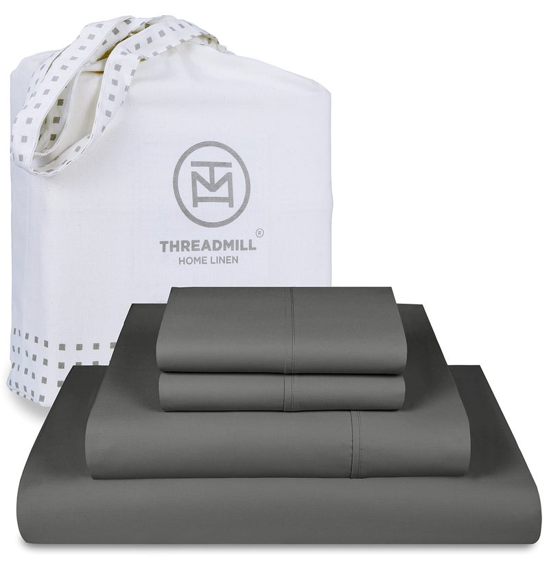 Threadmill 5Star Hotel 500 Thread Count Best Bed Sheets 100 Cotton Sheets Set for Queen Bed Smoother Than Egyptian Cotton Claims 4 Pc Set with Deep Pockets Dark Grey