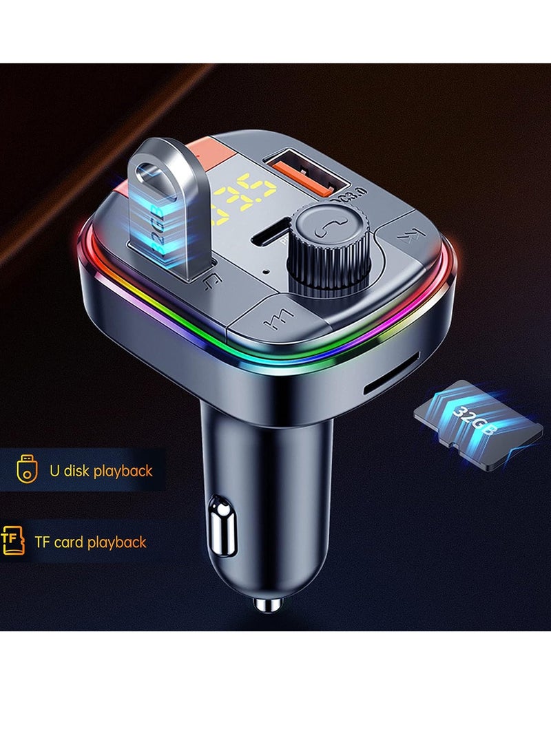 ELTRAZONE Car FM Transmitter,Car Fast Charger Bluetooth 5.0 FM Transmitter QC 3.0 and Type C PD Functional Car Kit 2 USB Ports Support Hands-Free Calls,7Colorful LED Backlit,Support U Disk & TF Card (Black) - Image 4