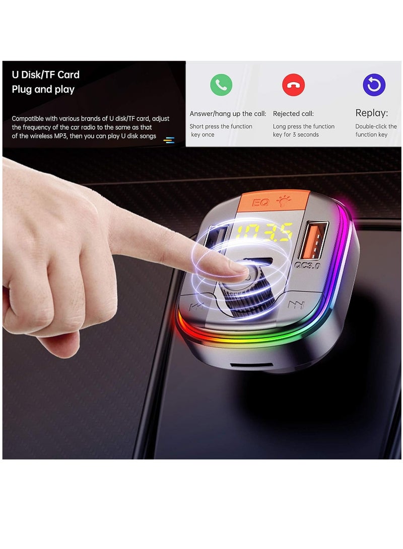 ELTRAZONE Car FM Transmitter,Car Fast Charger Bluetooth 5.0 FM Transmitter QC 3.0 and Type C PD Functional Car Kit 2 USB Ports Support Hands-Free Calls,7Colorful LED Backlit,Support U Disk & TF Card (Black) - Image 2