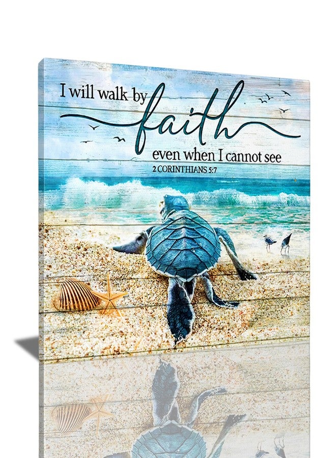 citari Sea Turtle Ocean Bathroom Decor Wall Art, Christian Religious Pictures Beach Coast Nautical Canvas Print Painting, Turtle Poster Gifts, Scripture Bible Framed Artwork for Bedroom 16"x12" - Image 1