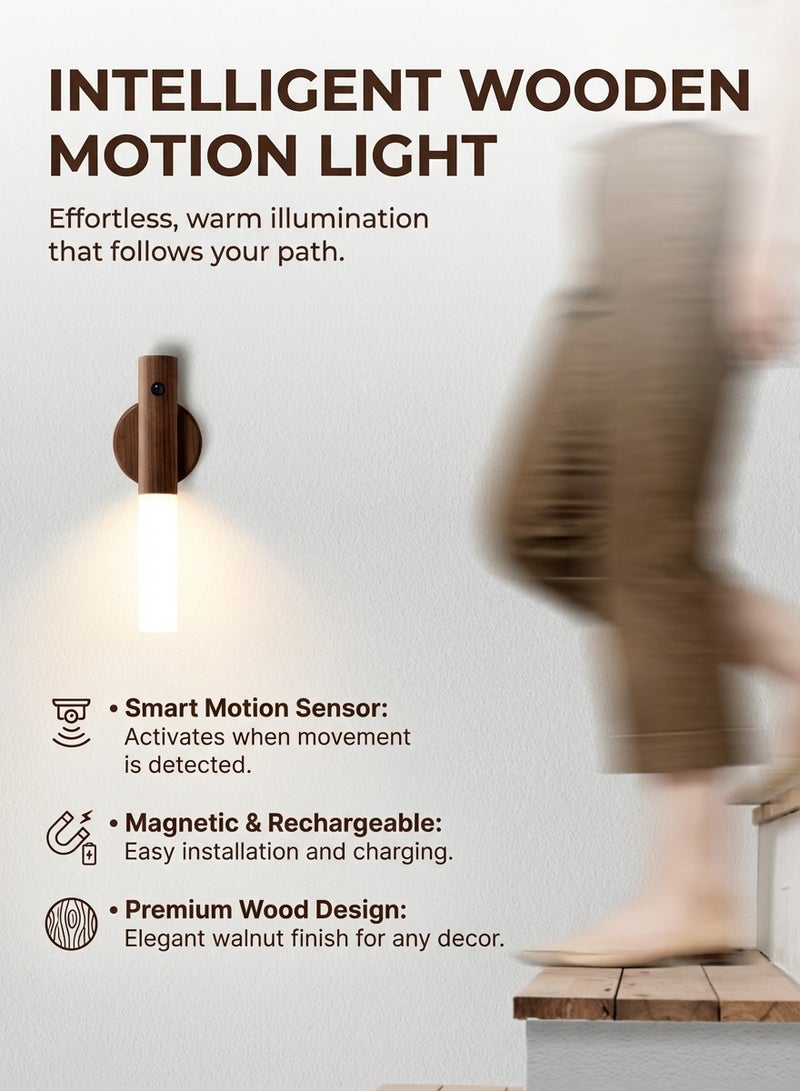 Fullight Motion Sensor Night Light, Smart LED Portable Stick-On Light with 4m Sensing Range, Ideal for Bedroom, Stairs & Kids Room, Solid Walnut Wood & Glass Design - Image 3