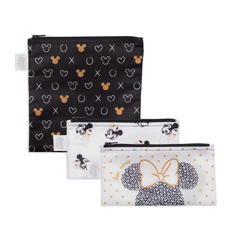 Bumkins Disney Reusable Sandwich and Snack Bags for Kids School Lunch and for Adults Portion Washable Fabric Waterproof Cloth Zip Bag Travel Pouch FoodSafe 3pk Love Minnie