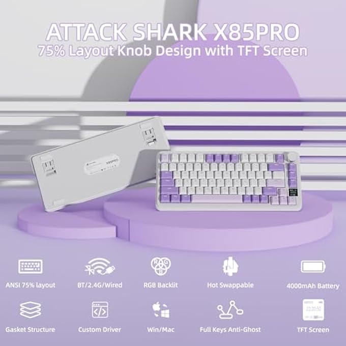 rayihni X85PRO WIRELESS MECHANICAL KEYBOARD WITH TFT DISPLAY AND BUTTON, 75% QMK GAMING KEYBOARD WITH SEAL, 2.4G/BT/USB-C WIRED, HOT SWAPPABLE, 4000MAH, NKRO, RGB (WHITE/PURPLE) - Image 2