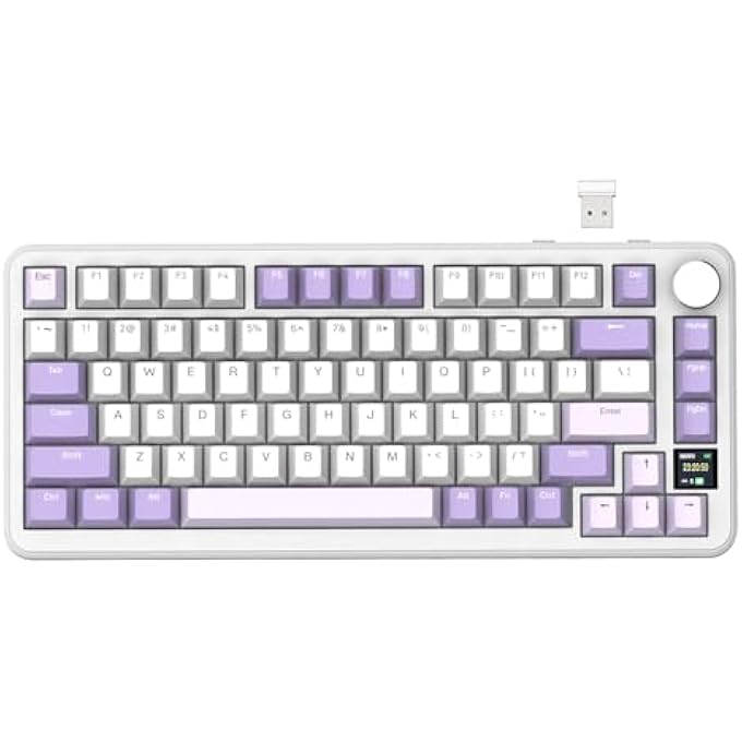 rayihni X85PRO WIRELESS MECHANICAL KEYBOARD WITH TFT DISPLAY AND BUTTON, 75% QMK GAMING KEYBOARD WITH SEAL, 2.4G/BT/USB-C WIRED, HOT SWAPPABLE, 4000MAH, NKRO, RGB (WHITE/PURPLE) - Image 1
