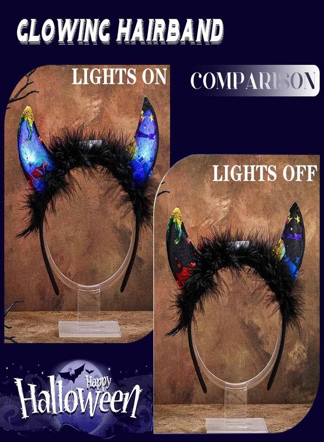 يورانيان طوق رأس مضيء للهالوين على شكل قرون شيطانية LED، طوق شعر متوهج، طوق شعر أسود لامع، إكسسوارات شعر للنساء - Image 2