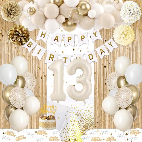 KISPATTI 13th Birthday Decorations for Girls Gold Official Teenager Decorations White and Gold Balloons Happy Birthday Banner Tablecloth Fringe Curtain Cake Topper Paper Pom Poms Boys Girls 13 Year Old Bday - Image 1