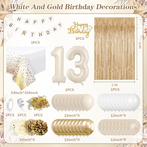 KISPATTI 13th Birthday Decorations for Girls Gold Official Teenager Decorations White and Gold Balloons Happy Birthday Banner Tablecloth Fringe Curtain Cake Topper Paper Pom Poms Boys Girls 13 Year Old Bday - Image 5