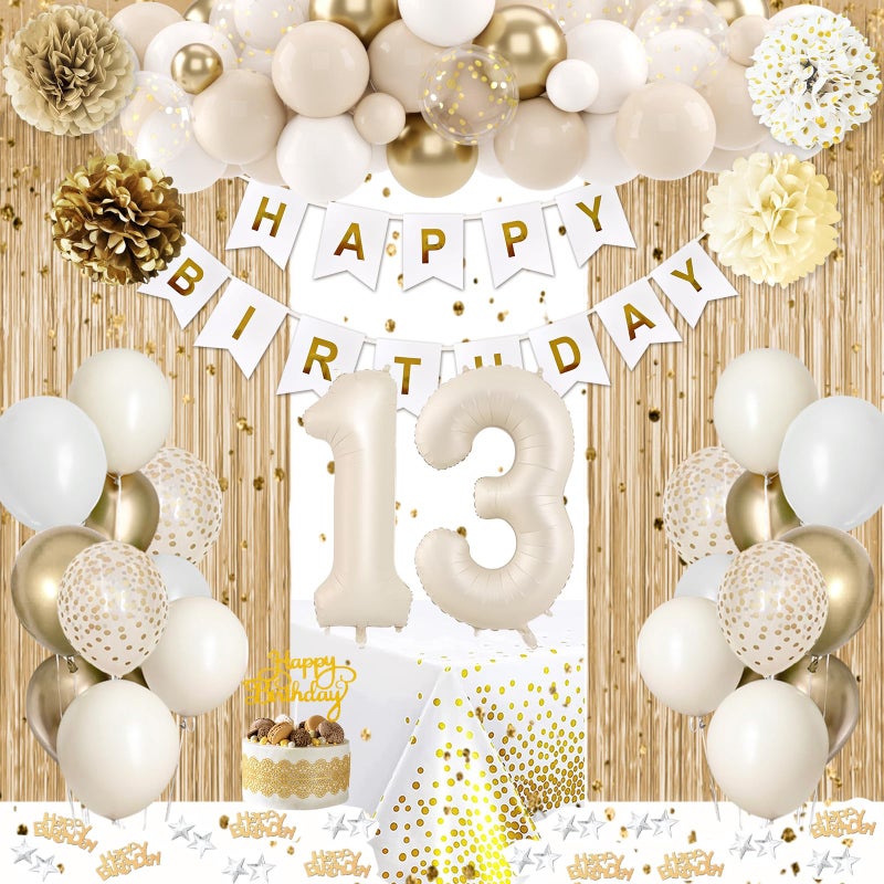 KISPATTI 13th Birthday Decorations for Girls Gold Official Teenager Decorations White and Gold Balloons Happy Birthday Banner Tablecloth Fringe Curtain Cake Topper Paper Pom Poms Boys Girls 13 Year Old Bday - Image 3