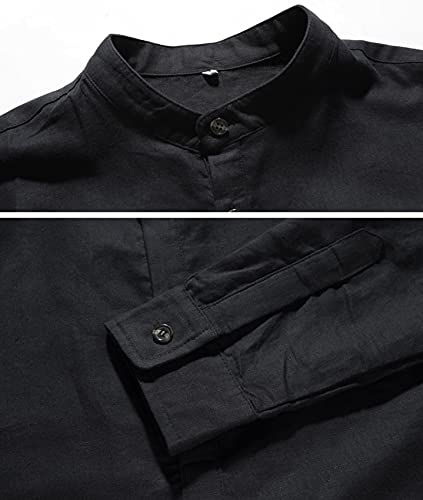NITAGUT Men Henley Neck Long Sleeve Daily Look Linen Shirts Casual Beach T Shirts Black-US XL - Image 5