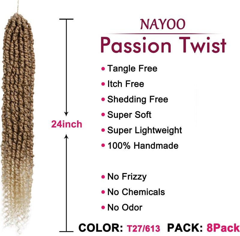 NAYOO Passion Twist Hair - 8 Packs 24 Inch Passion Twist Crochet Hair For Women, Crochet Pretwisted Curly Hair Passion Twists Synthetic Braiding Hair Extensions (24 Inch 8 Packs, T27/613) - Image 2