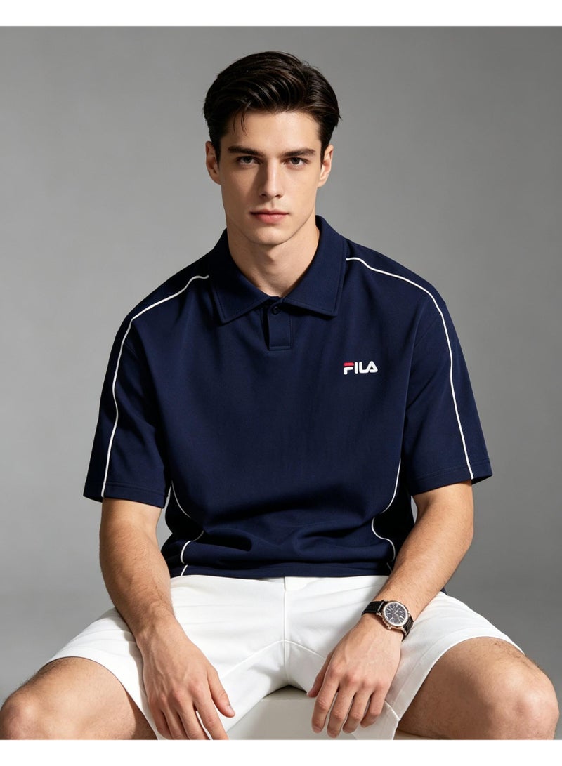 FILA Contrast White Line Polo Shirt Men Women, Oversized Loose Collared Short Sleeve Top, Vintage Sport Casual Tee - Image 1