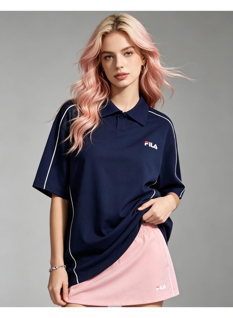 FILA Contrast White Line Polo Shirt Men Women, Oversized Loose Collared Short Sleeve Top, Vintage Sport Casual Tee - Image 2