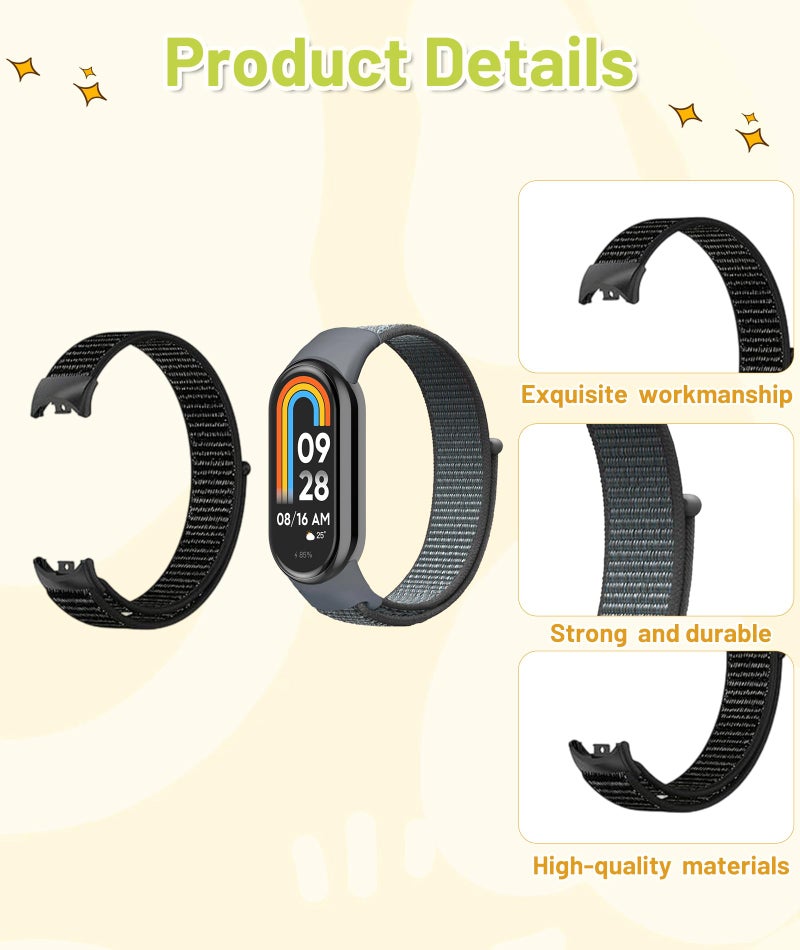 FFZDENA 2pcs Nylon Strap for Xiaomi Smart Band 10/Band9/Band8, Men and Women Breathable Elastic Bracelet, Adjustable Sport Straps Replacement Watchband for Xiaomi Mi Band 10/Band9/Band8(Black,Grey) - Image 3