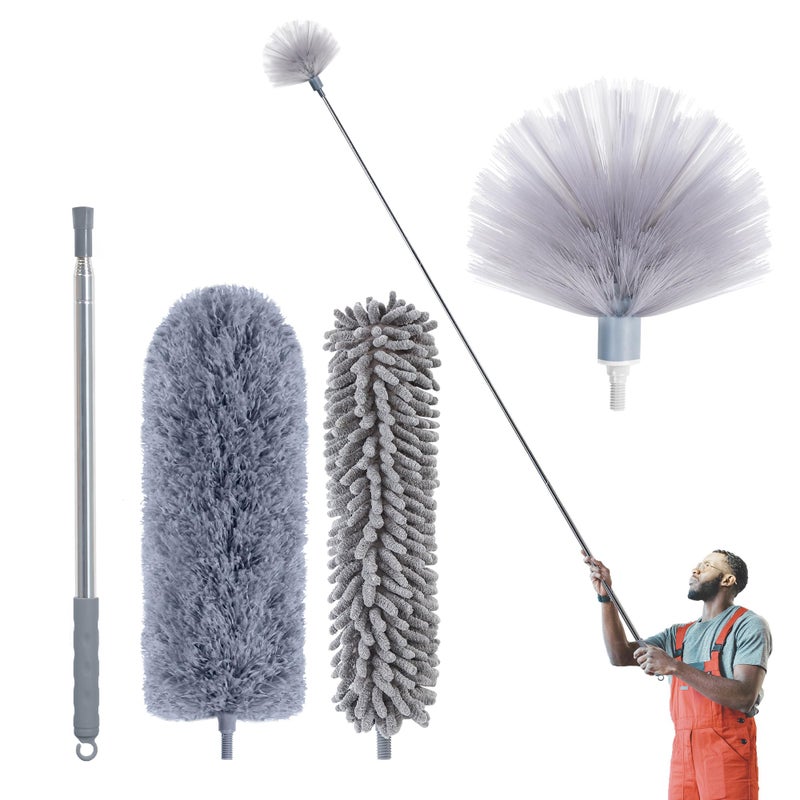 IVYROLL Cobweb Duster with Extension Pole, 100'' Ceiling Duster Kit with Microfiber Feather Duster & Chenille Duster, Reusable Duster, Bendable, Washable - Image 1