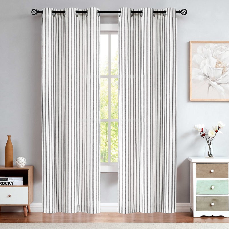 Randall Linen Semi Sheer Curtain Panels 84 Long for Living Room Stripe Farm House Rustic Contemporary Window Treatment Sets Drape Black 40x84x2 Pairs to GO