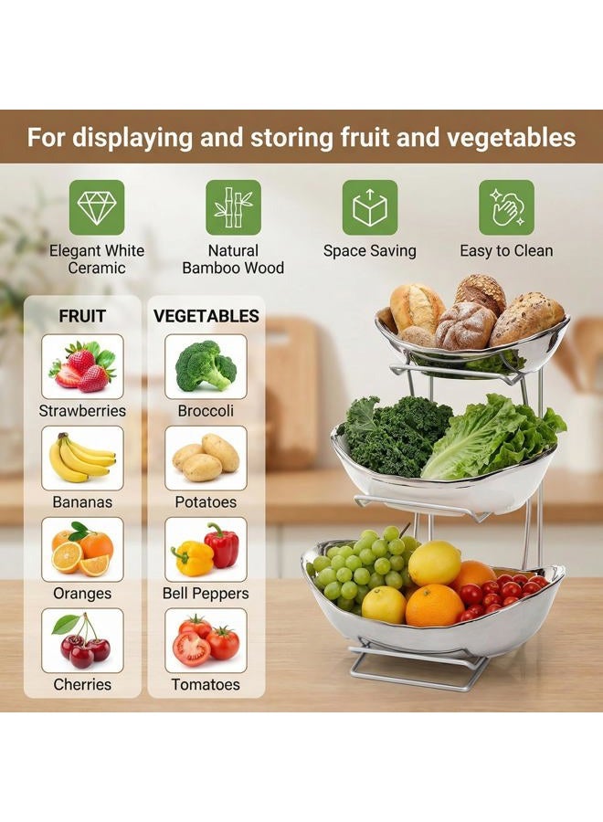 Goaste 3 Tier Fruit Bowl, Ceramic Fruit Basket, Oval Bowl Set with Metal Rack, Porcelain Kitchen Bowls for Fruit Vegetable Storage, Snack, Nuts, Dessert(Silver) - Image 5