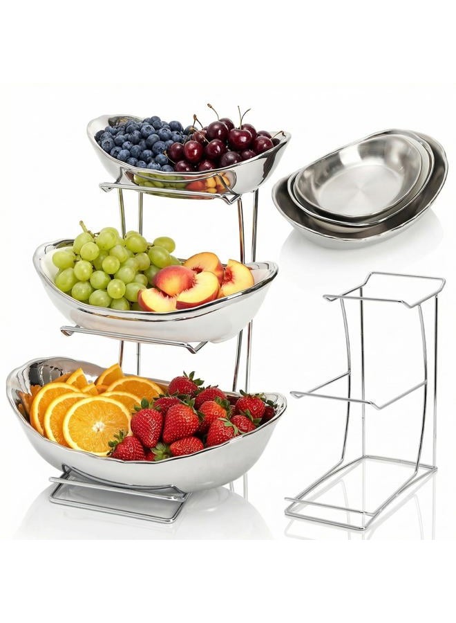 Goaste 3 Tier Fruit Bowl, Ceramic Fruit Basket, Oval Bowl Set with Metal Rack, Porcelain Kitchen Bowls for Fruit Vegetable Storage, Snack, Nuts, Dessert(Silver) - Image 1