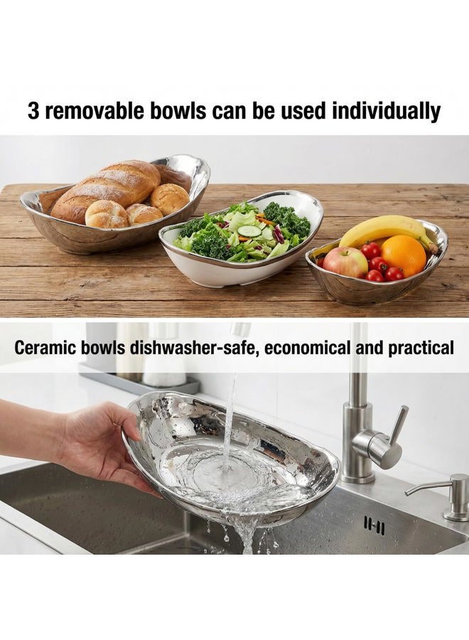 Goaste 3 Tier Fruit Bowl, Ceramic Fruit Basket, Oval Bowl Set with Metal Rack, Porcelain Kitchen Bowls for Fruit Vegetable Storage, Snack, Nuts, Dessert(Silver) - Image 4