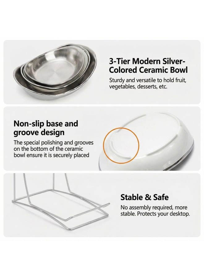 Goaste 3 Tier Fruit Bowl, Ceramic Fruit Basket, Oval Bowl Set with Metal Rack, Porcelain Kitchen Bowls for Fruit Vegetable Storage, Snack, Nuts, Dessert(Silver) - Image 3