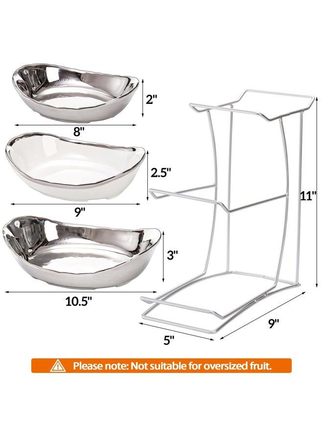 Goaste 3 Tier Fruit Bowl, Ceramic Fruit Basket, Oval Bowl Set with Metal Rack, Porcelain Kitchen Bowls for Fruit Vegetable Storage, Snack, Nuts, Dessert(Silver) - Image 2