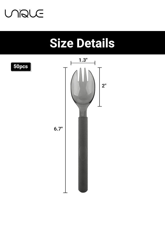 Unique 50 Pcs Disposable Sporks - 6.8"x1.3" Plastic Sporks, Heavy Duty Heavyweight Plastic Cutlery Individually Wrapped Fork Spoon - Disposable Utensils Set - for Party Bulk Wedding Birthday Picnic Family Gathering - Image 2