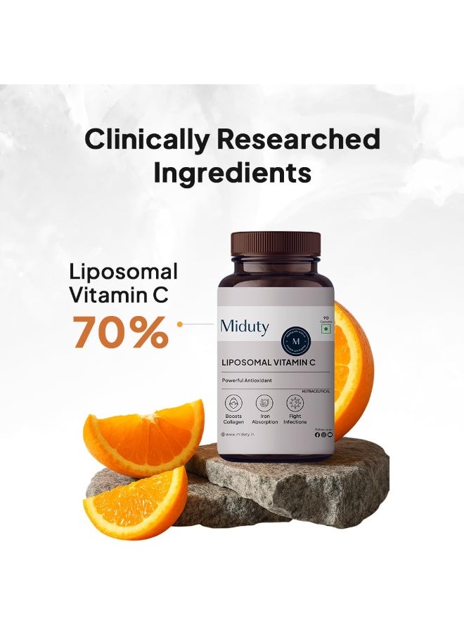 Miduty Liposomal Vitamin C Supplement - Antioxidant Vitamin, Skin Rejuvenation & Immunity Booster Supplement Helps to Boost Collagen for Skin, Hair & Nails - 90 Capsules - Image 2