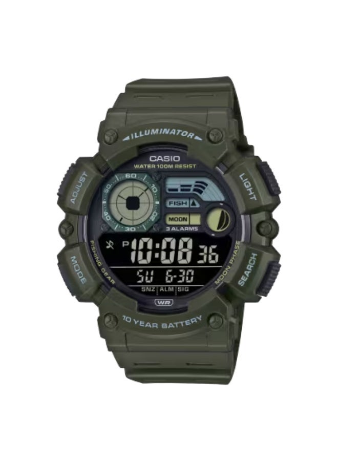 ساعة كاسيو WS-1500H-3BVDF الرياضية الرقمية للرجال - مقاومة للماء حتى عمق 100 متر، وبيانات المد والجزر، وبيانات القمر، وإضاءة خلفية LED، وبطارية تدوم 10 سنوات، وساعة إيقاف، ومنبه، وتوقيت مزدوج، وسوار من الراتنج الأخضر، وساعة خارجية