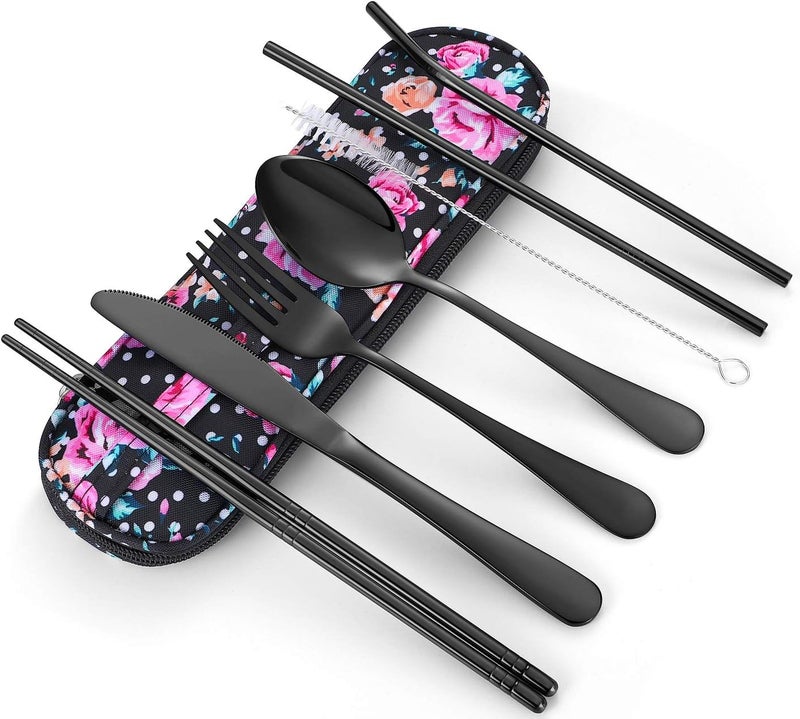 Topbooc Travel Utensils,Reusable Silverware Set To Go Portable Cutlery Set with a Waterproof Carrying Case for Lunch Boxes Workplace Camping Picnic (Black) - Image 1