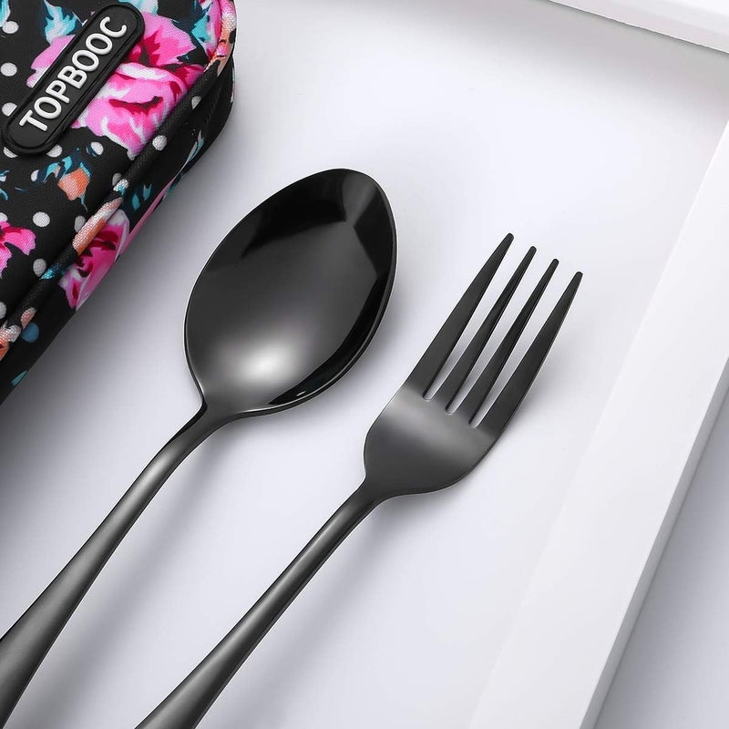 Topbooc Travel Utensils,Reusable Silverware Set To Go Portable Cutlery Set with a Waterproof Carrying Case for Lunch Boxes Workplace Camping Picnic (Black) - Image 4