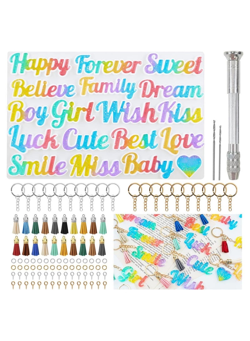 104 Pcs Alphabet Resin Molds Kit, Resin Keychain Molds for Epoxy Resin Molds Keychain with 20 Random Color Tassels 1 Hand Drill 2 Drill Bits 20 Key Rings 30 Screw Pins 30 Metal Rings(Good Vibes) - Image 1