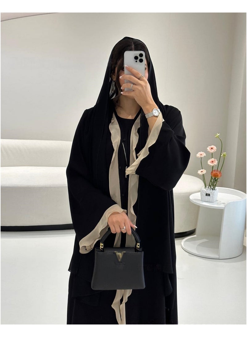 عباية كارديجان نسائية سوداء مفتوحة من الأمام بأكمام طويلة وتطريز كشكش - Image 2