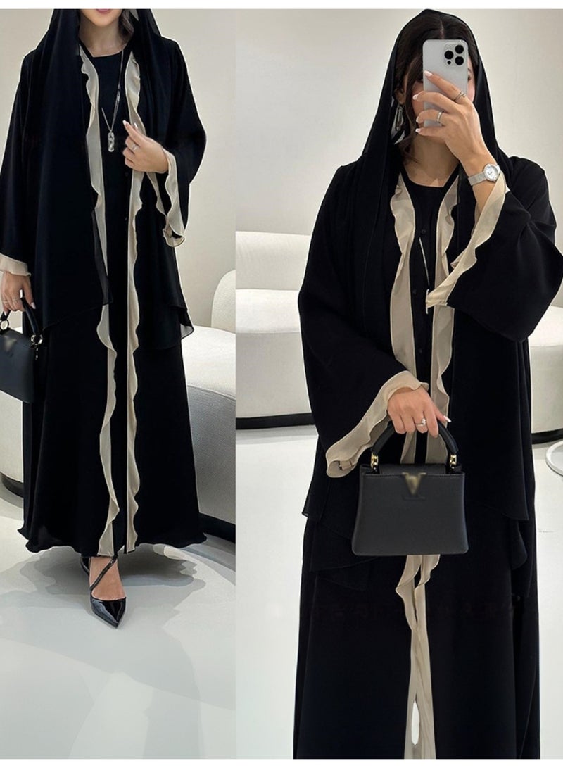عباية كارديجان نسائية سوداء مفتوحة من الأمام بأكمام طويلة وتطريز كشكش - Image 4