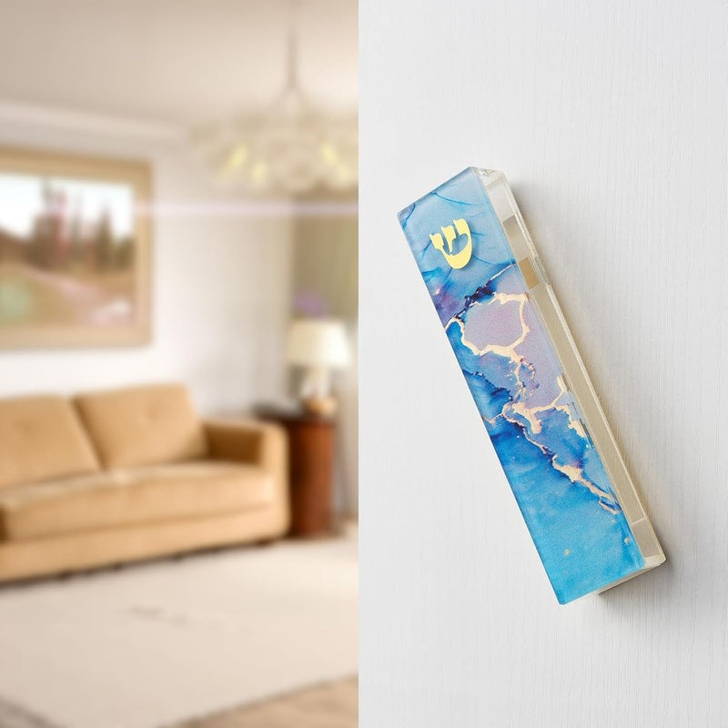 Rite Lite Blue Marble Art Glass Mezuzah – Handcrafted with Gold Accents, Elegant Home Decor, Easy Mounting Tape for Hanging on Door or Wall, Sophisticated Decoration for Your Entryway - Image 1