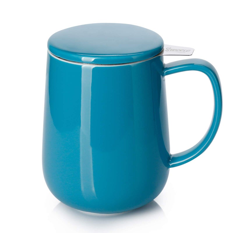Sweese Porcelain Teacup with Infuser and Lid 20oz Steel Blue Microwave Safe Reusable