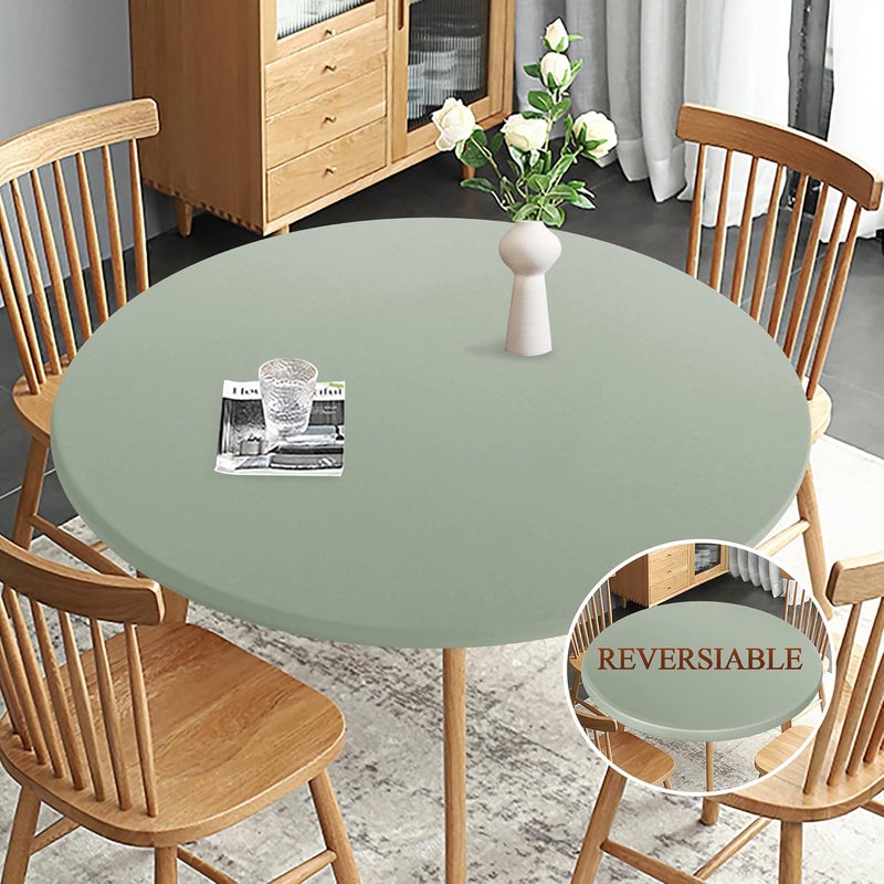 Obstal Fitted Round Table Cloth, Reversible Waterproof Stain Resistant Elastic Stretch Tablecloth, Wipe Clean Table Cover for Outdoor/Indoor Use, Fits Round Tables up to 40" - 44" Diameter, Sage Green - Image 1