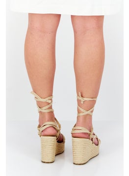 Sun Stone Women Tie Closure Open Toe Wedge, Beige  - Image 3