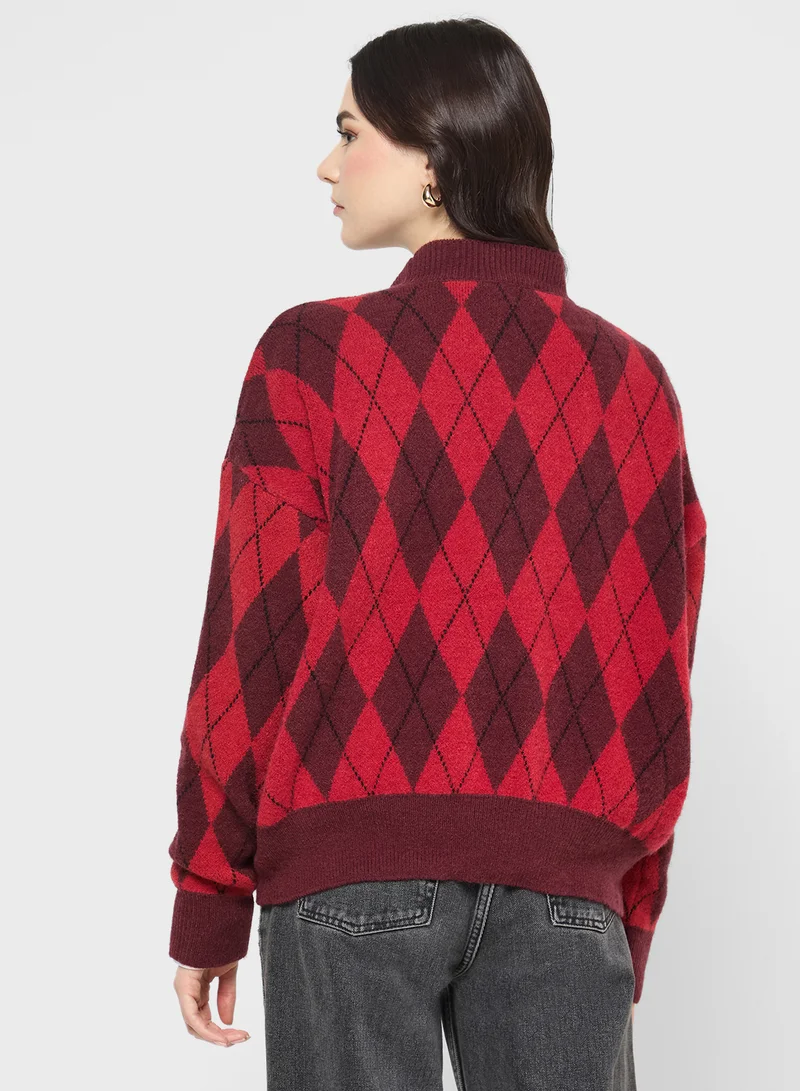 جينجر Knitted Acrylic Checkered Sweater