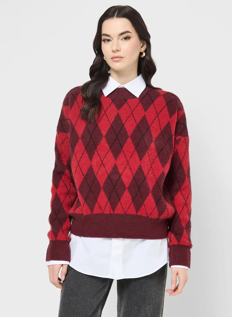 جينجر Knitted Acrylic Checkered Sweater
