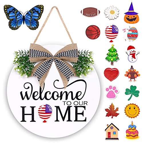 SNILOAW Interchangeable Welcome Sign for Front Door - Solid Wooden Welcome Wreaths with 16 Seasonal Holiday Icons Front Door Decor for Farmhouse Hanging, Valentine's, Easter Christmas Housewarming Gift Decor - Image 1